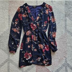 Lulu's Floral Long Sleeve Dress - Navy and Red